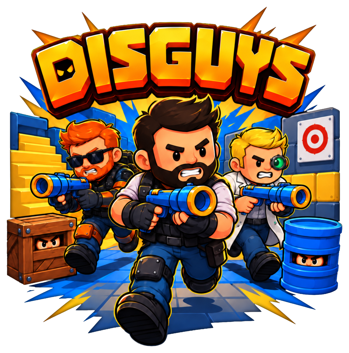 DISGUYS characters charging into a prop hunt