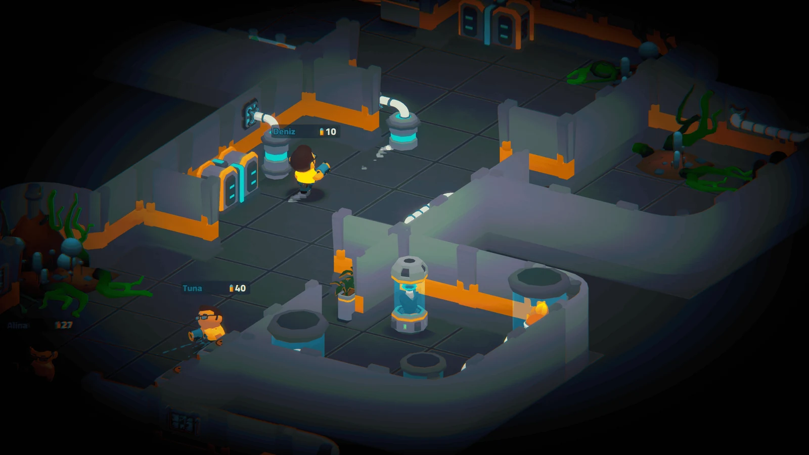 Multiple DISGUYS players moving through a dark industrial facility